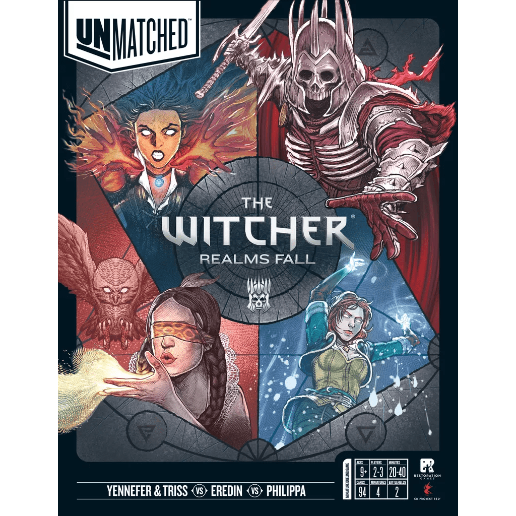 The box cover for Unmatched: The Witcher – Realms Fall by Iello shows illustrated characters—a fiery woman, armored skeleton, owl on a woman's shoulder, and a spellcaster—against a mystical dark backdrop.
