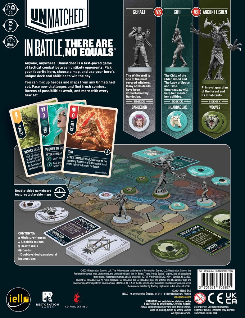 The back of the Iello Unmatched: The Witcher – Steel and Silver box highlights cards, miniatures, tokens, double-sided boards, and character details for Geralt, Ciri, and Ancient Leshen—all featuring vivid fantasy art.