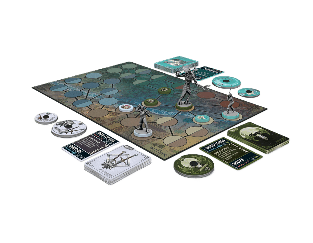 Unmatched: The Witcher – Steel and Silver by Iello features a vibrant game board, character figurines, cards, tokens, and instructions—an ideal pick for fans of asymmetrical board games and miniature fighting games.