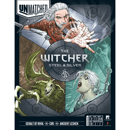 Box art for Unmatched: The Witcher – Steel and Silver from Iello, showing Geralt casting a spell, Ciri ready for battle, and the Leshen creature, with character stats and game info displayed at the bottom.