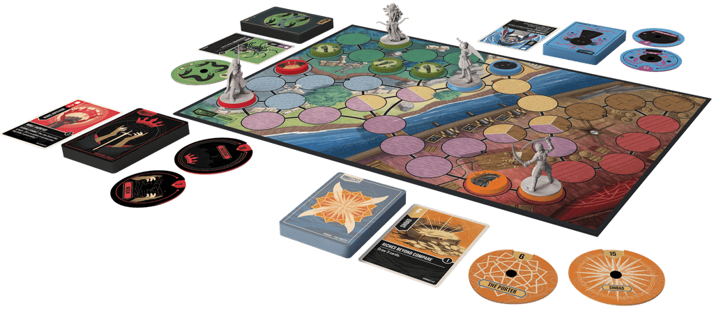 A vibrant Unmatched: Battle of Legends, Volume One (Iello) setup features cards, tokens, miniatures, and a colorful board with circular spaces. Iello character figures are placed for battle in this exciting miniature fighting game.