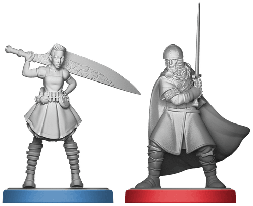 Two dynamic miniatures from Unmatched: Battle of Legends, Volume One by Iello—a sword-wielding woman on a blue base and an armored man with cape and sword on red—capture the excitement of this action-packed miniature fighting game.