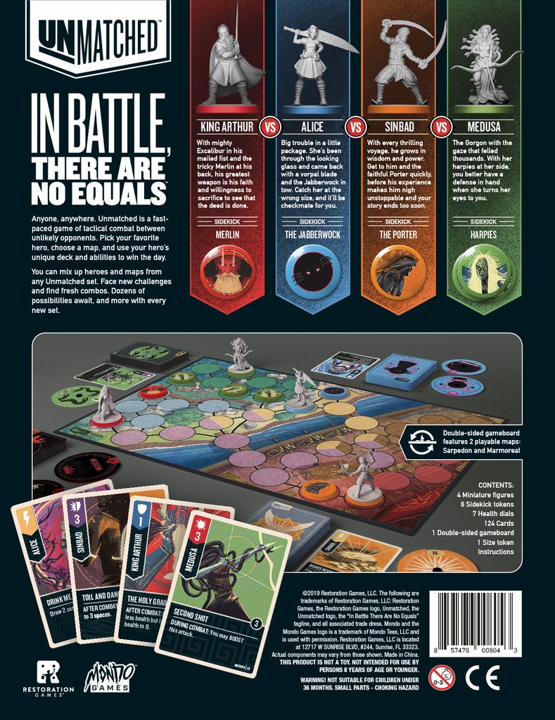 Back cover of Unmatched: Battle of Legends, Volume One (Iello) displays King Arthur, Alice, Sinbad, and Medusa miniatures, character cards, tokens, a double-sided board, and detailed contents for this exciting Iello fighting game.