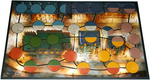 A vibrant map featuring blue, orange, green, yellow, and brown circles, inspired by Unmatched: Cobble & Fog from Restoration Games, set against an illustrated cityscape with buildings and glowing streetlights.