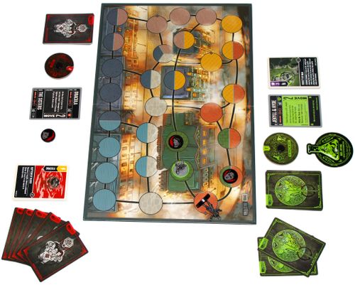 Unmatched: Cobble & Fog by Restoration Games is set up for 2 players with a rectangular board of colorful circles, cards, tokens, and pieces arranged around it—everything ready for play.