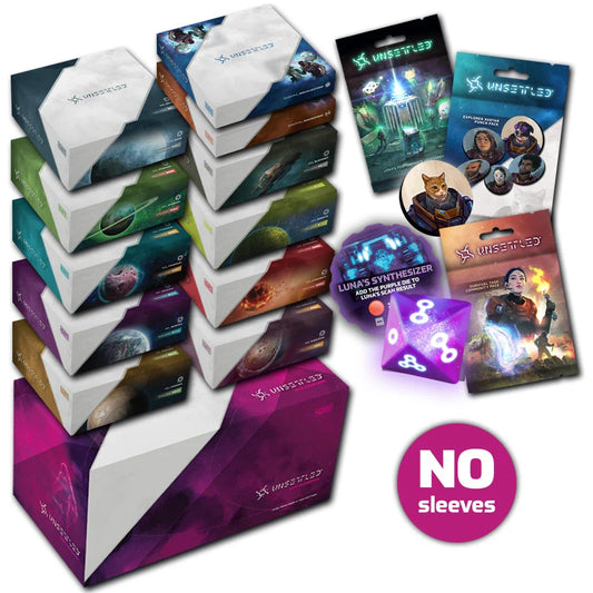 Unsettled: Supernova Bundle by Orange Nebula—includes board game boxes, expansions, dice, tokens & character cards—displayed on white with a purple "NO sleeves" label. Embark on this epic cooperative survival adventure!.