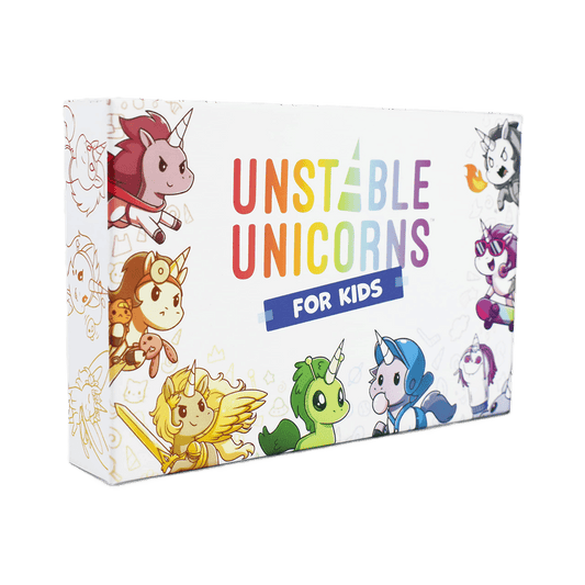 The image shows a box for Unstable Unicorns for Kids by Unstable Games, a unicorn card game with colorful cartoon unicorns in different costumes and poses on a white background.