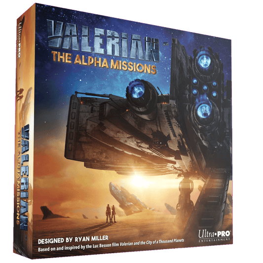 A game box for Valerian The Alpha Missions by Ultra Pro, featuring a futuristic spaceship flying over a sci-fi landscape, with bold metallic title and designer credit to Ryan Miller.
