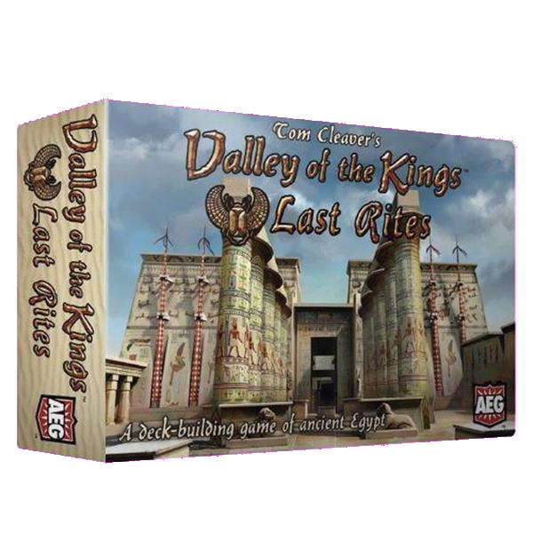 Box for Valley of the Kings Last Rites by Alderac Entertainment Group, showing ancient temple gates with columns and hieroglyphics. Text describes this as a deck-building game set in ancient Egypt.