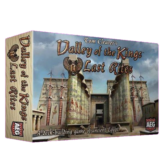 Box for Valley of the Kings Last Rites by Alderac Entertainment Group, showing ancient temple gates with columns and hieroglyphics. Text describes this as a deck-building game set in ancient Egypt.