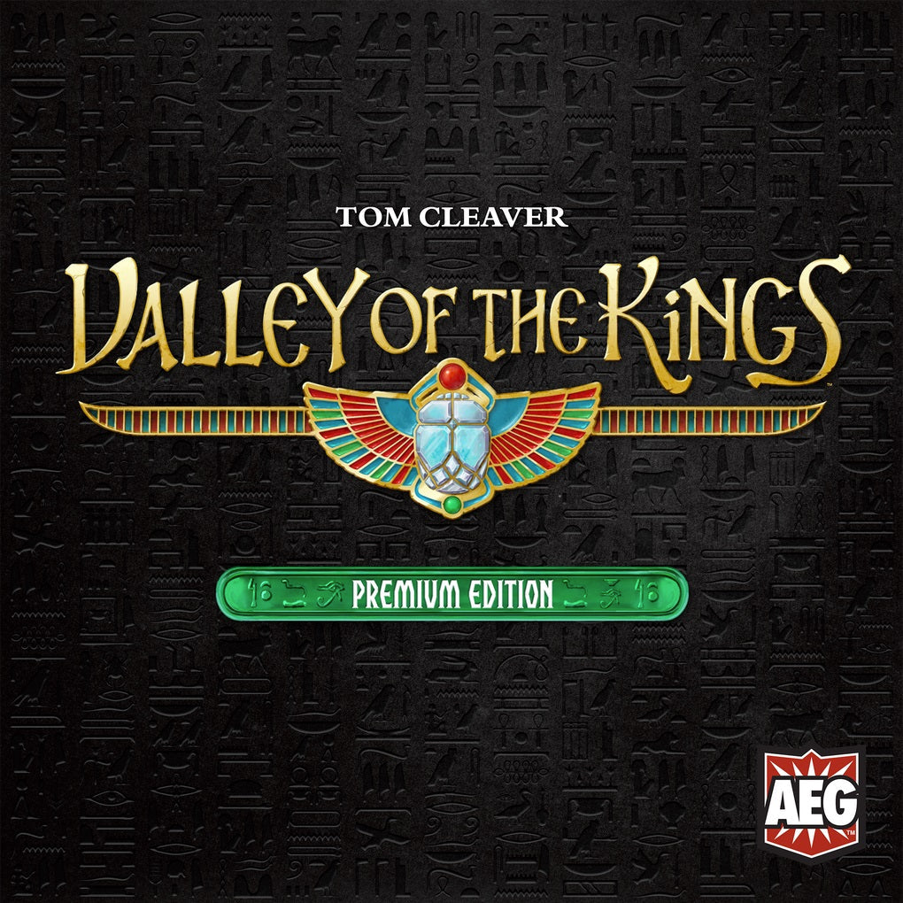 Box cover of Valley of the Kings: Premium Edition by Alderac Entertainment Group, an Egyptian-themed board game with gold and green text, a winged scarab emblem, hieroglyphic dark background, and AEG logo in the bottom right corner.