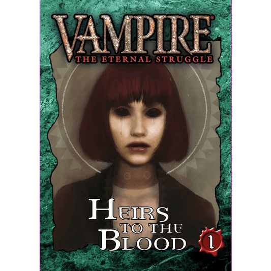 A card from the Black Chantry Productions’ Vampire The Eternal Struggle Heirs to the Blood Bundle 1 features a pale, dark-haired figure with black eyes and a haunting look set against a green textured border.