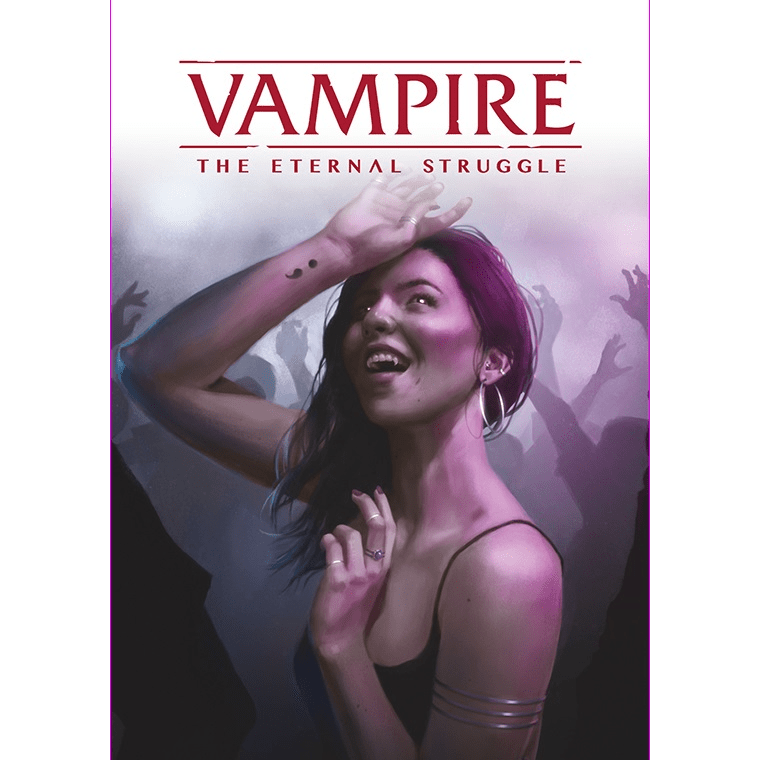 A woman with long hair, hoop earrings, and bite marks on her wrist dances in a purple-lit crowd. Above her is the text: Vampire The Eternal Struggle Malkavian Preconstructed Deck by Black Chantry Productions.