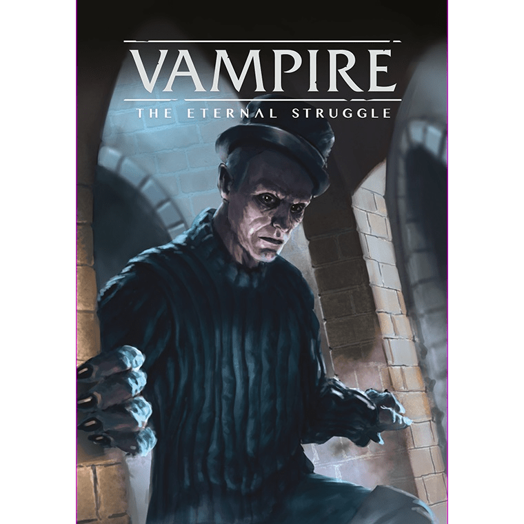 A pale, sinister Nosferatu vampire with sharp claws and hollow eyes emerges from a stone archway, capturing the eerie essence of the Vampire The Eternal Struggle Nosferatu Preconstructed Deck by Black Chantry Productions.