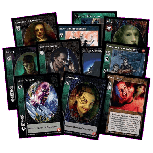 A vibrant spread of Vampire: The Eternal Struggle Promo Pack 2 cards by Black Chantry Productions features illustrated crypt cards like Benedito, Una, Leumeah, and Parity Shift with detailed game text.