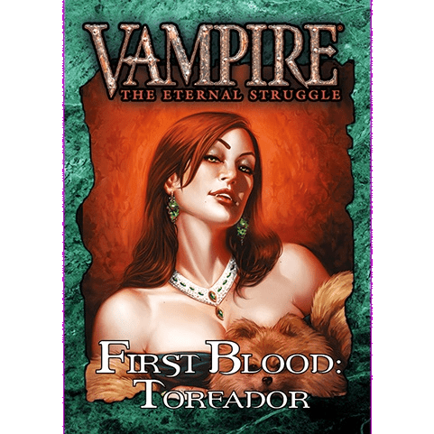 Cover art for Black Chantry Productions' Vampire The Eternal Struggle Toreador First Blood Deck depicts a confident red-haired woman with green earrings and a fur stole, set against a textured green and orange background.