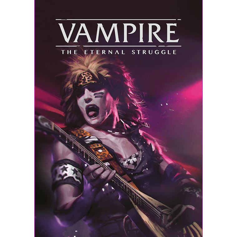 A glam musician with wild hair and star face paint shreds on guitar under purple-pink lights. Above, “Vampire The Eternal Struggle Toreador Preconstructed Deck” by Black Chantry Productions captures the allure of Kindred society.