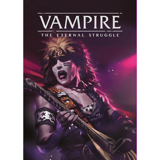 A glam musician with wild hair and star face paint shreds on guitar under purple-pink lights. Above, “Vampire The Eternal Struggle Toreador Preconstructed Deck” by Black Chantry Productions captures the allure of Kindred society.