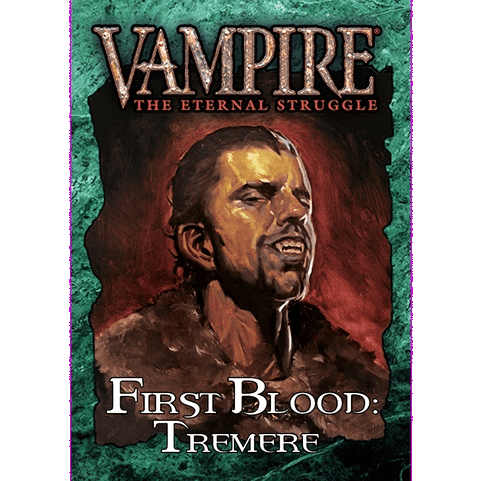 Cover art for Vampire The Eternal Struggle Tremere First Blood Deck by Black Chantry Productions, showing a snarling vampire with fangs bared against a dark green textured background.