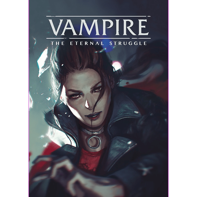 A dark, dramatic vampire illustration with pale skin, red lips, leather jacket, and pendant reaches forward—topped by “Vampire: The Eternal Struggle.” Ideal for any Vampire The Eternal Struggle Tremere Preconstructed Deck fan by Black Chantry Productions.