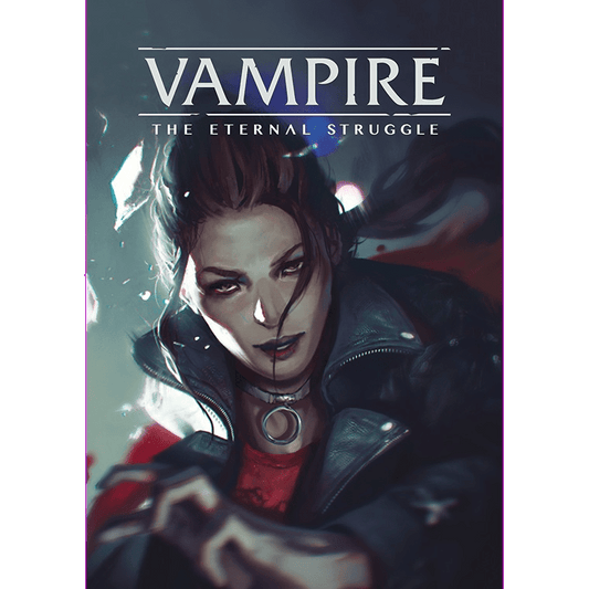 A dark, dramatic vampire illustration with pale skin, red lips, leather jacket, and pendant reaches forward—topped by “Vampire: The Eternal Struggle.” Ideal for any Vampire The Eternal Struggle Tremere Preconstructed Deck fan by Black Chantry Productions.