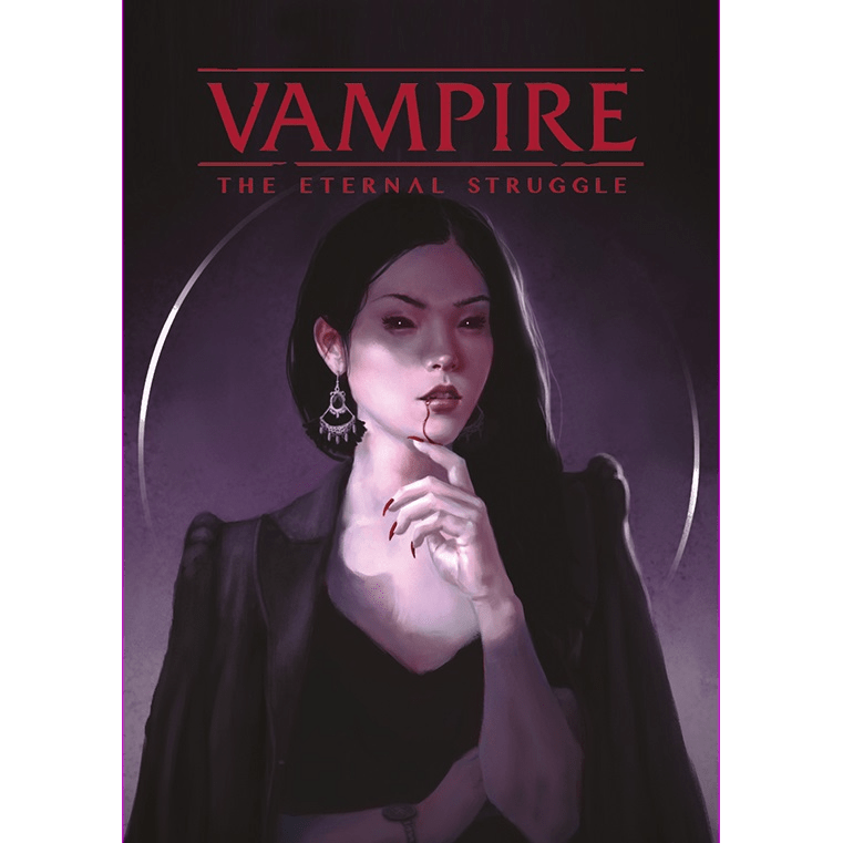 A stylish woman with pale skin, dark hair, and bold makeup poses against a purple background. Above her, the text reads: Vampire The Eternal Struggle Ventrue Preconstructed Deck by Black Chantry Productions.