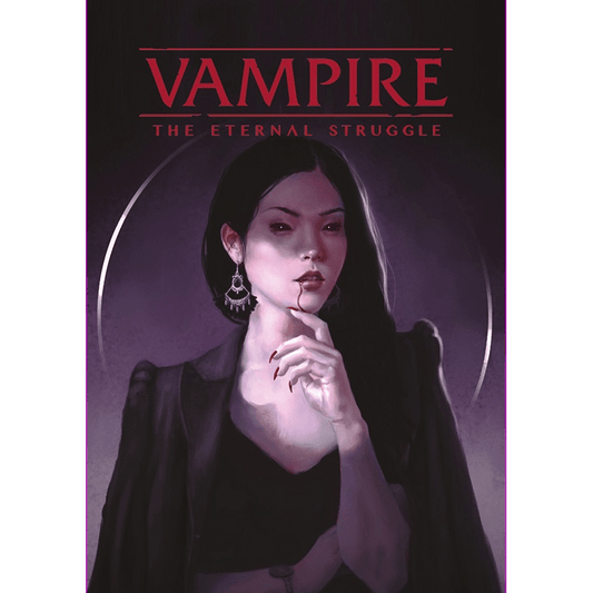 A stylish woman with pale skin, dark hair, and bold makeup poses against a purple background. Above her, the text reads: Vampire The Eternal Struggle Ventrue Preconstructed Deck by Black Chantry Productions.