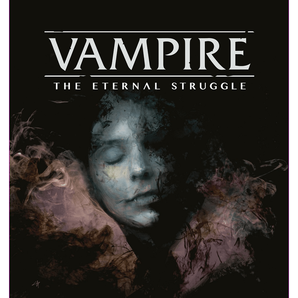 A surreal, smoky portrait of a serene, pale face with closed eyes floats in darkness. Above, bold text reads Vampire The Eternal Struggle (Fifth Edition) by Black Chantry Productions. Shadows and mist swirl around the figure.