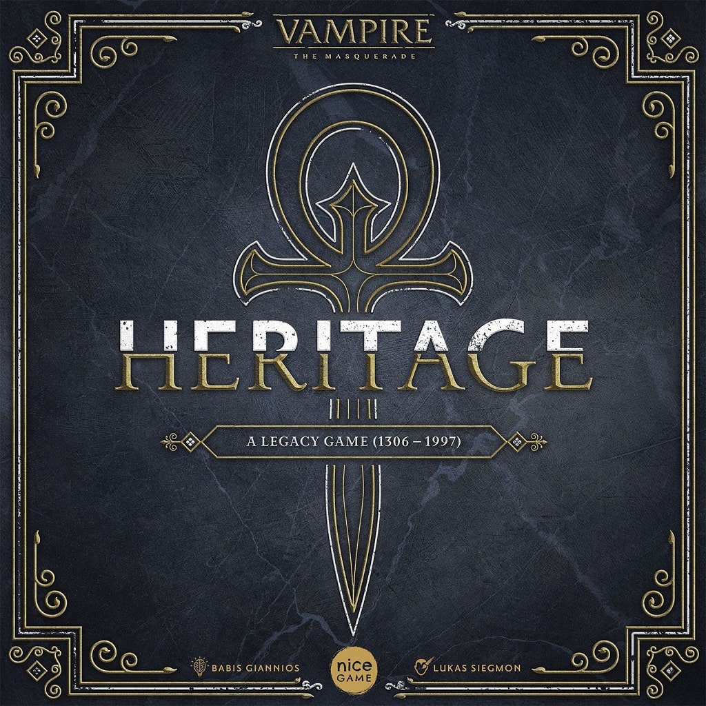 The cover of Vampire: The Masquerade – Heritage by Nice Game Publishing displays an ornate ankh and gold borders, highlighting its legacy gameplay that lets players experience vampiric history from 1306 to 1997.