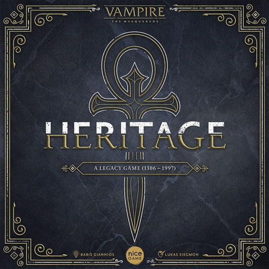 The cover of Vampire: The Masquerade – Heritage by Nice Game Publishing displays an ornate ankh and gold borders, highlighting its legacy gameplay that lets players experience vampiric history from 1306 to 1997.
