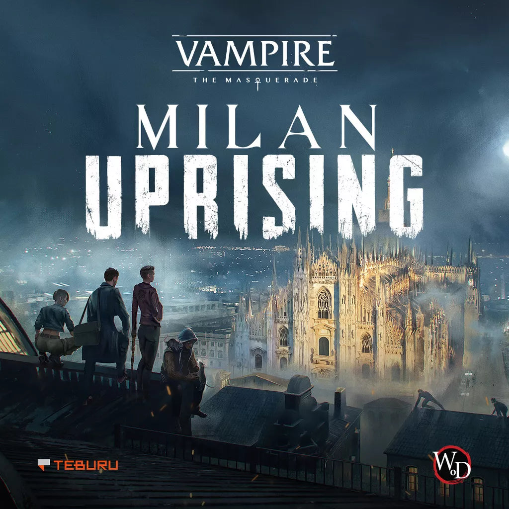 Four people stand on a rooftop at night, gazing at the illuminated Milan Cathedral. The text reads "Teburu Game Platform Bundle” by Pegasus Spiele, a cooperative board game with a dark and mysterious atmosphere.