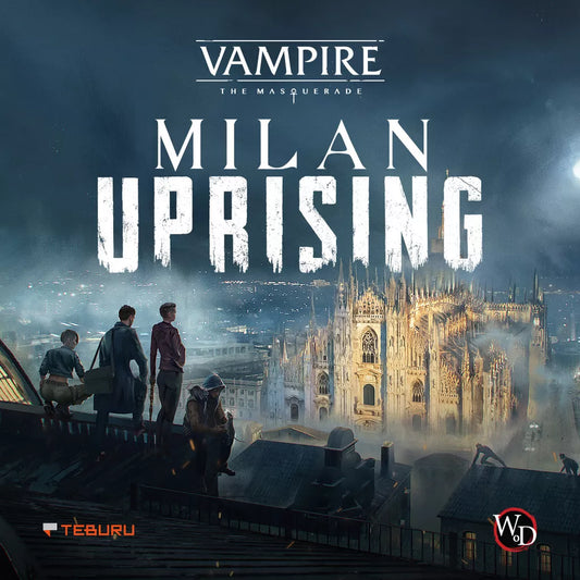 Four people stand on a rooftop at night, gazing at the glowing Milan Cathedral. Text reads “Vampire: The Masquerade – Milan Uprising” by Pegasus Spiele, a cooperative miniature board game set in a gothic, atmospheric Milan.