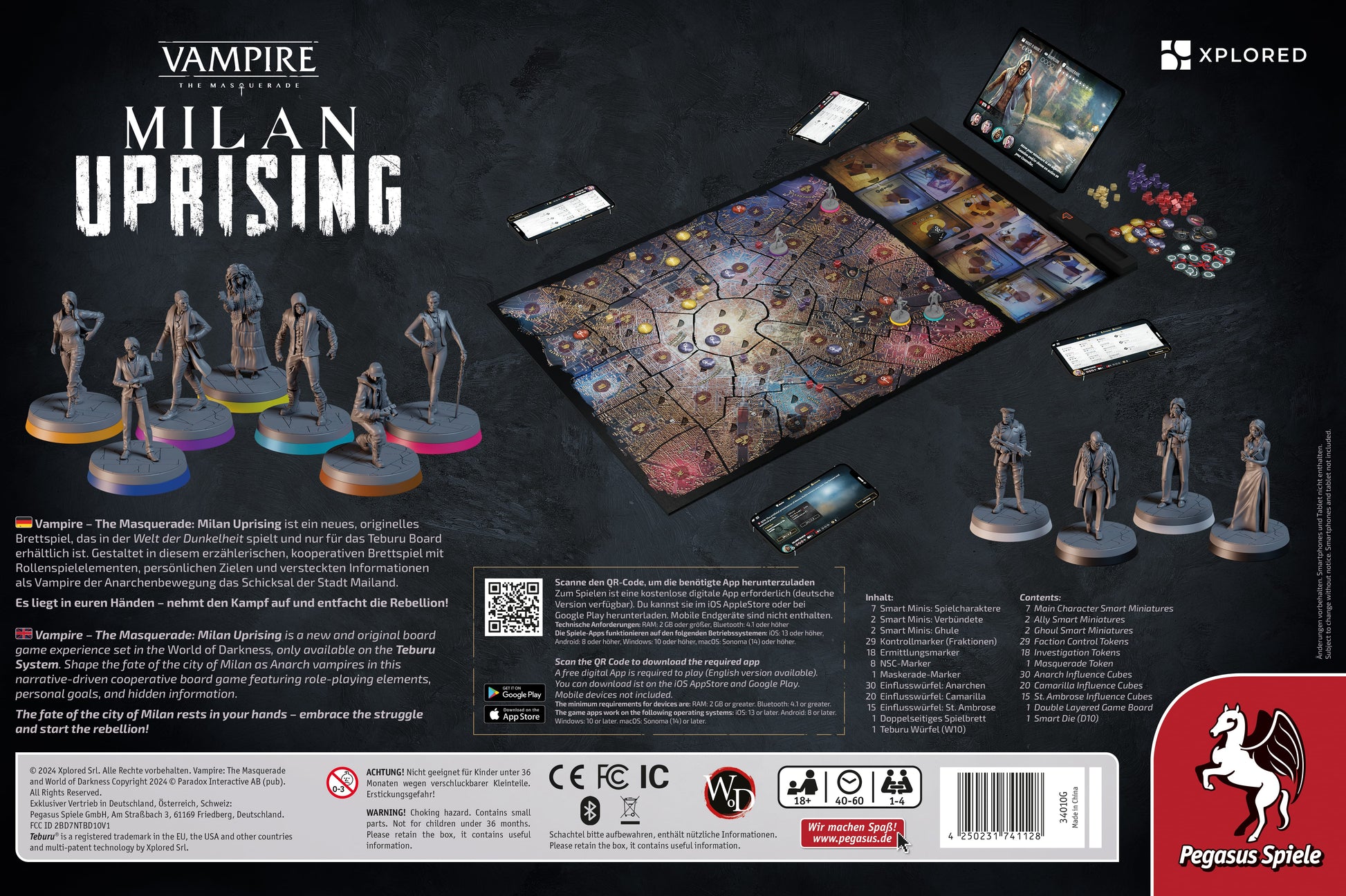 Back of the Vampire: The Masquerade – Milan Uprising box by Pegasus Spiele displays game components, including a Teburu Board, cards, tokens, miniatures for this cooperative board game, and instructions in English, German, and French.