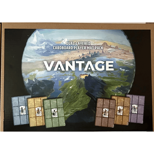 Stonemaier Games' Vantage Dual-layered Cardboard Player Mat Pack features a scenic landscape within a circle on the box and displays five vibrant dual-layered playmats at the bottom.