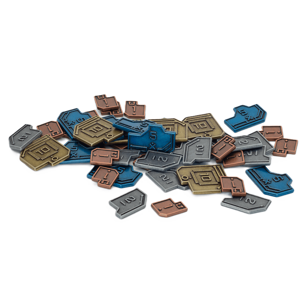 Vantage Metal Coins by Stonemaier Games feature zinc coins in bronze, silver, gold, and blue with values of 1, 2, 5, and 10—ideal board game accessories to enhance your collection.