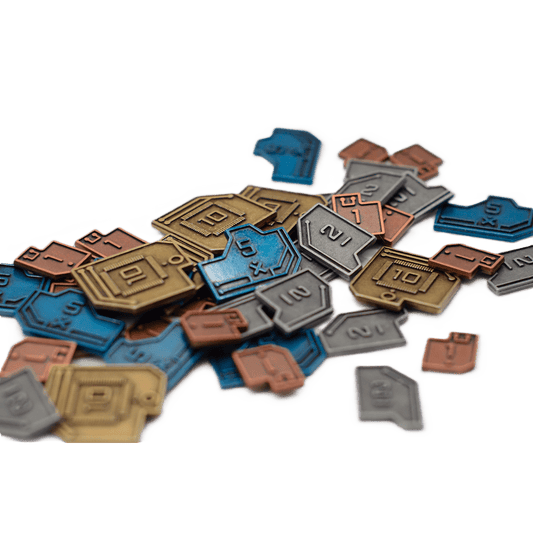 A scattered pile of Stonemaier Games Vantage Metal Coins—blue, gold, copper, and silver board game accessories—each marked with numbers or symbols like 1, 5, 10, and 2x.