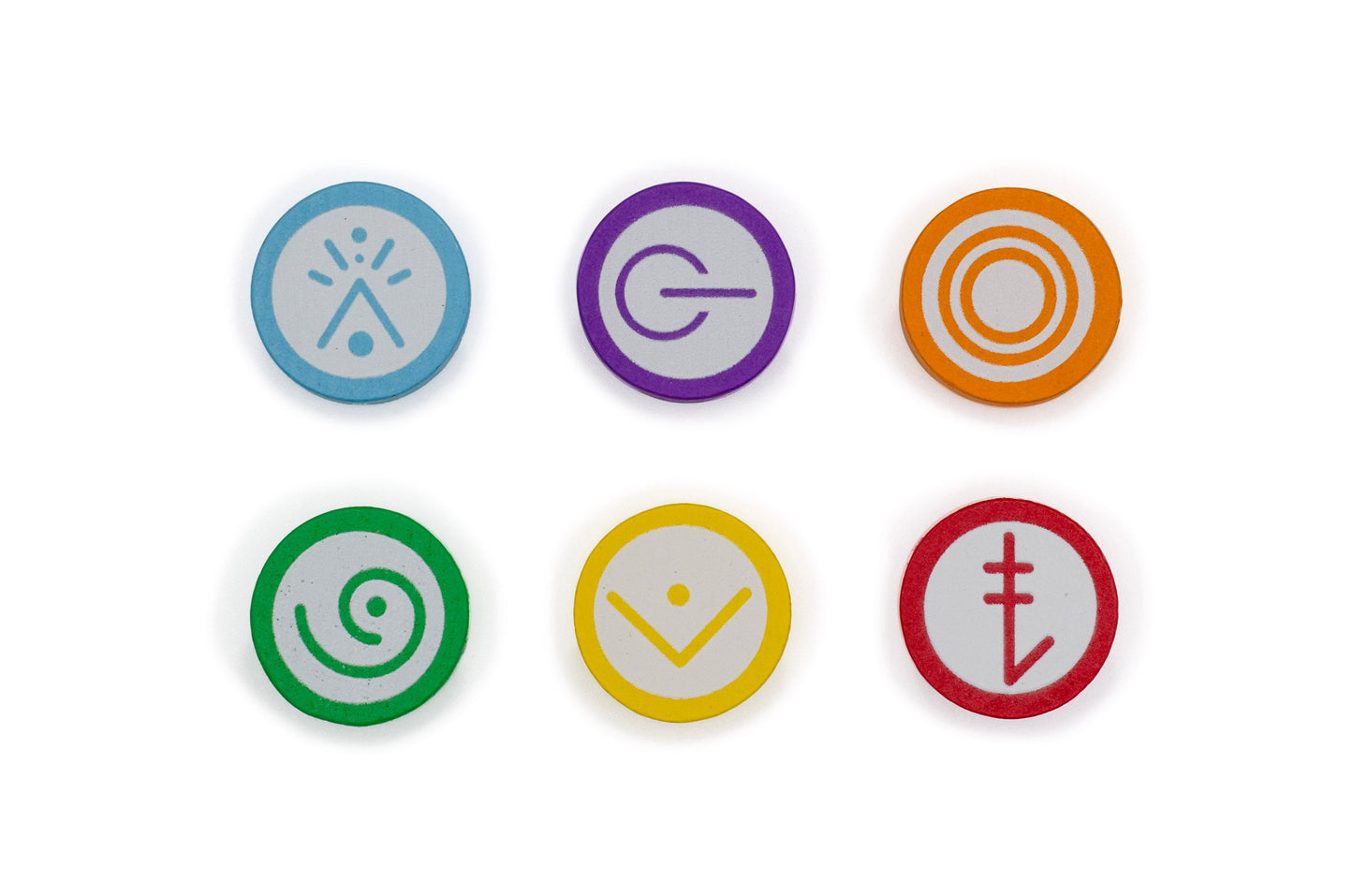 Stonemaier Games' Vantage Wooden Skill Tokens include six round wooden tokens with colored borders and unique abstract symbols, arranged in two rows of three. Ideal for 6-player or Vantage games.