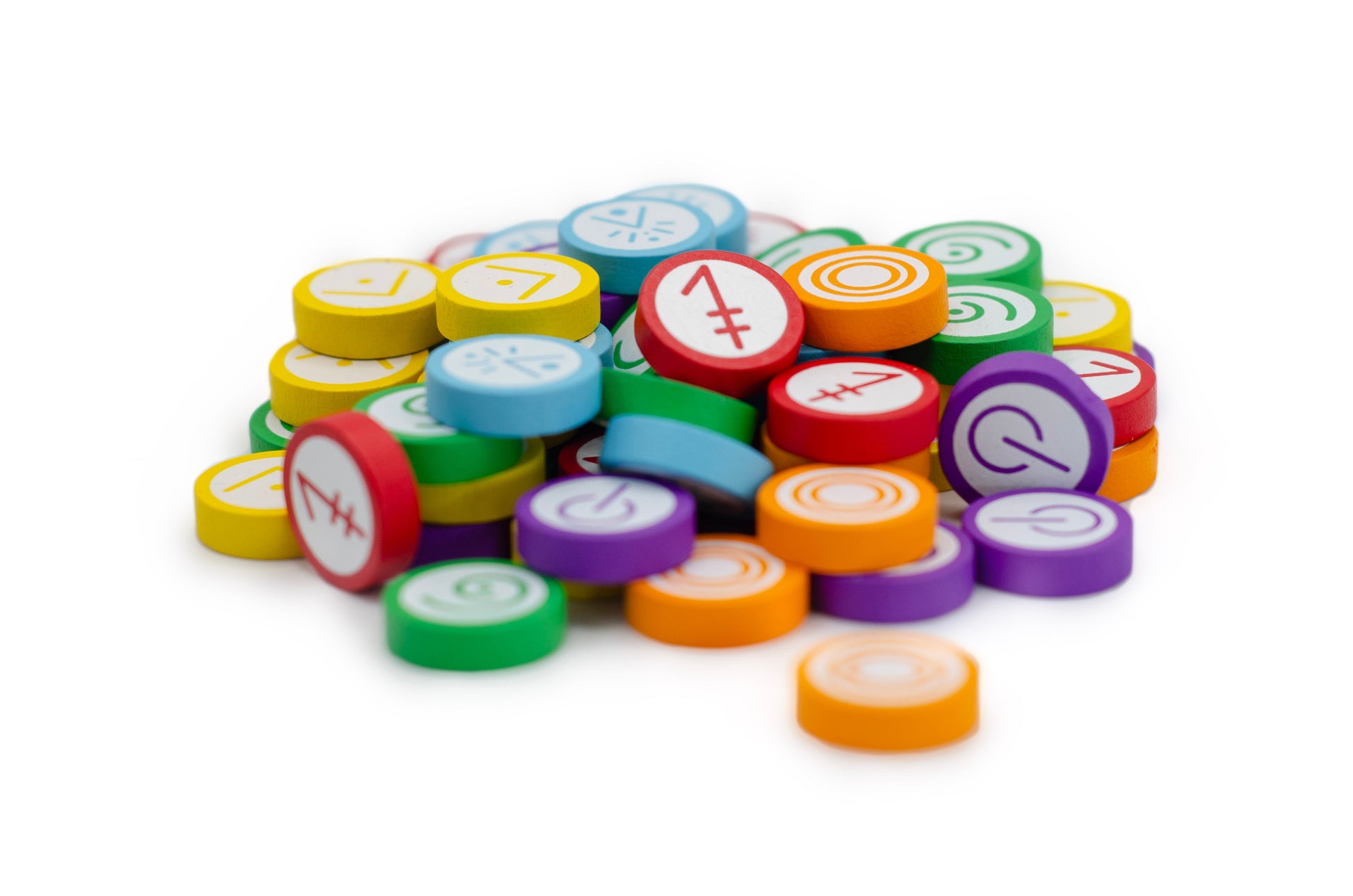 Vantage Wooden Skill Tokens by Stonemaier Games: a set of red, blue, green, yellow, orange, and purple wooden tokens for 6 players, each featuring a unique symbol and scattered on a white surface.