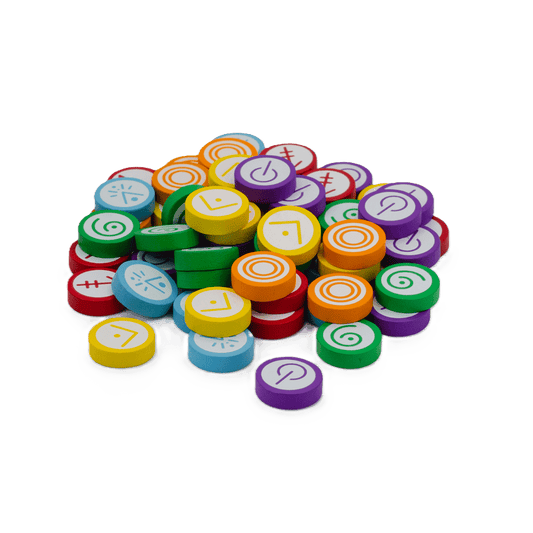 A pile of Vantage Wooden Skill Tokens by Stonemaier Games in yellow, green, blue, red, and purple—with unique white symbols—displayed on a plain white background.