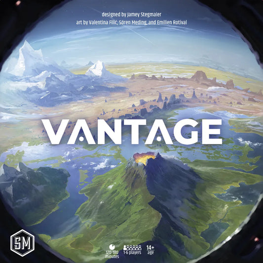 A circular scene of a vibrant alien landscape, with mountains and rivers beneath a blue sky, features "VANTAGE" in bold white text. Info and credits surround the image. Product: Vantage by Stonemaier Games.