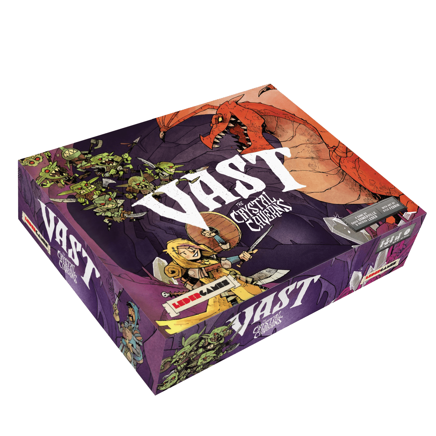 A box of Vast: The Crystal Caverns by Leder Games shows illustrated characters—a red dragon guarding treasure, a knight with sword and shield, and goblin-like creatures—against an adventure cave backdrop.