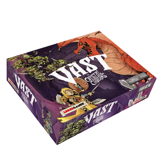 A box of Vast: The Crystal Caverns by Leder Games shows illustrated characters—a red dragon guarding treasure, a knight with sword and shield, and goblin-like creatures—against an adventure cave backdrop.