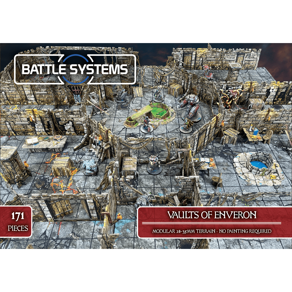 Vaults of Enveron by Battle Systems Ltd is a modular dungeon terrain set for 28-35mm fantasy games. Includes 171 pre-colored stone walls, floors, and accessories—no painting needed. Perfect for miniatures adventures.