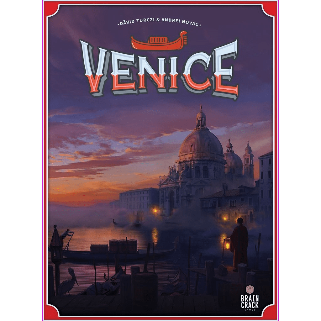 Game box cover for Venice (Kickstarter Version) by Braincrack Games features a Venetian canal at sunset with gondolas, city buildings, the Santa Maria della Salute dome, and the bold VENICE title with a gondola symbol—a true Kickstarter exclusive.