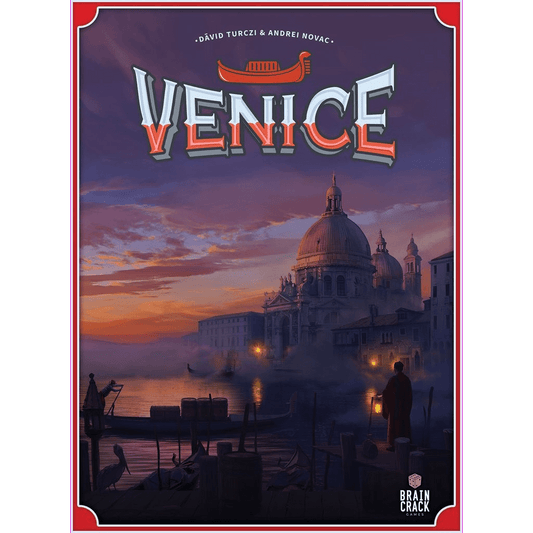 Game box cover for Venice (Kickstarter Version) by Braincrack Games features a Venetian canal at sunset with gondolas, city buildings, the Santa Maria della Salute dome, and the bold VENICE title with a gondola symbol—a true Kickstarter exclusive.
