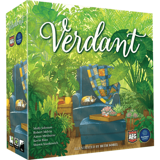 Verdant by Alderac Entertainment Group delights houseplant fans with lush plants, a blue chair and quilt, a napping cat, and succulents. The title Verdant stands out in elegant white script on the spatial card game’s box.