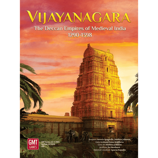 Vijayanagara: The Deccan Empires of Medieval India, 1290-1398 by GMT Games features vibrant cover art with a golden temple tower at sunset, palm trees, and the GMT Games logo, as part of the Irregular Conflicts Series.