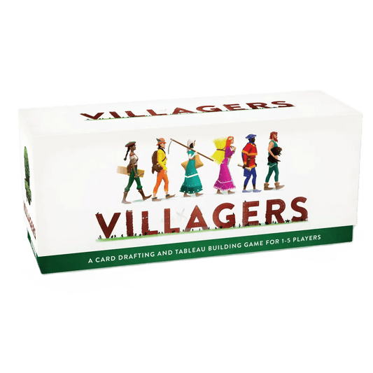 A white game box for Villagers (Including Kickstarter Expansion) by Sinister Fish Games shows medieval villagers walking in a line above the title. Described as a medieval village builder and card drafting game for 1–5 players.
