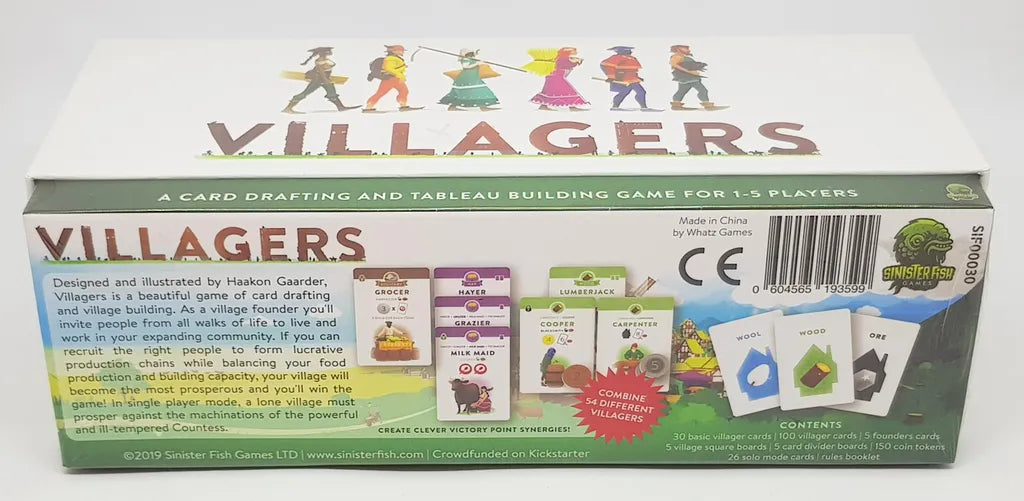 Back of the Villagers (Including Kickstarter Expansion) box by Sinister Fish Games showing illustrated villagers, sample cards, game details, and contents for this 1-5 player post-plague strategy card game with tokens and coins.