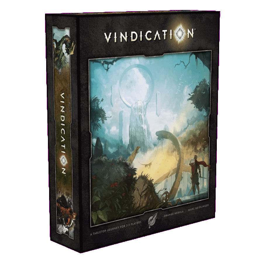 The Orange Nebula Vindication box showcases stunning art of a figure before ancient ruins and a ringed structure, surrounded by lush vegetation and creatures—hinting at the game’s deep fantasy strategy and resource management.
